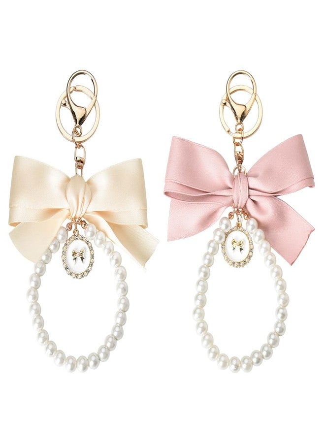 Borhmty Coquette Bow Keychains Pearl Wristlet Keychain with Bow Purse Charm 2pcs Cute Keychains for Women Wristlet Pink Bow Keychain for Purse Women Key chain for Car Keys Girls Cute Pink Keychain Charms - Image 1